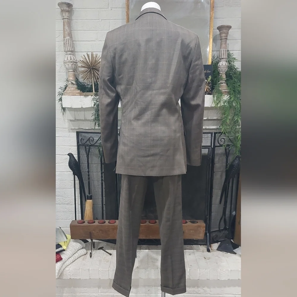 Angelo Rossi Khaki Check Modern Fit 2 Pc Suit - Tan Plaid Blazer 38L - 32